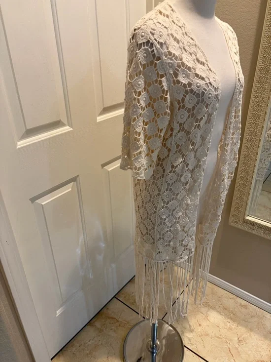Rebellion Cream Crochet Fringe Open-Front Cardigan - Picture 5 of 9